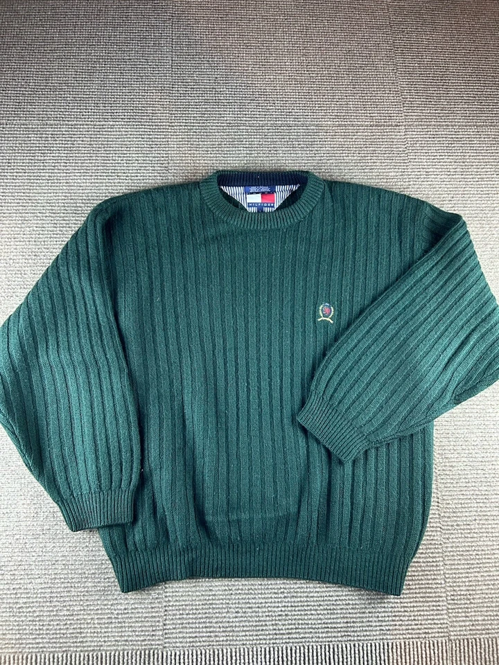Винтажный TOMMY HILFIGER свитер мужчин L зеленый гребень шерсти опрятный 90-х Y2K пуловер - Изображение 2 из 4