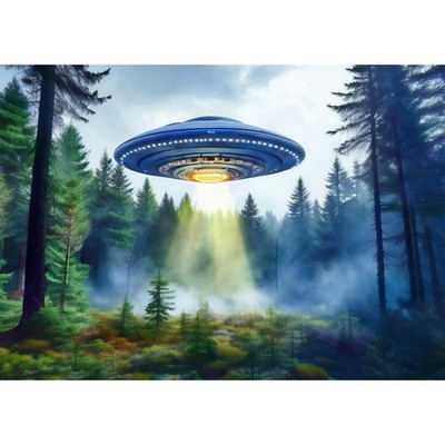 Postkarte. Ufo landet auf einer Lichtung