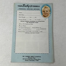 Mt Carmel Mercy Hospital Baby Formula Instruction Pamphlet Detroit Michigan 1955