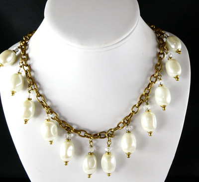 Pretty Dangling Faux Pearl Fashion Necklace Crystals Brass Tone Chain Nice!