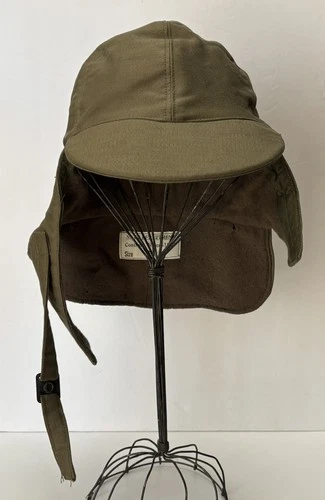 Vintage USN Deck Hat Olive Green Wool Lined Flight Trapper Navy Military WW2