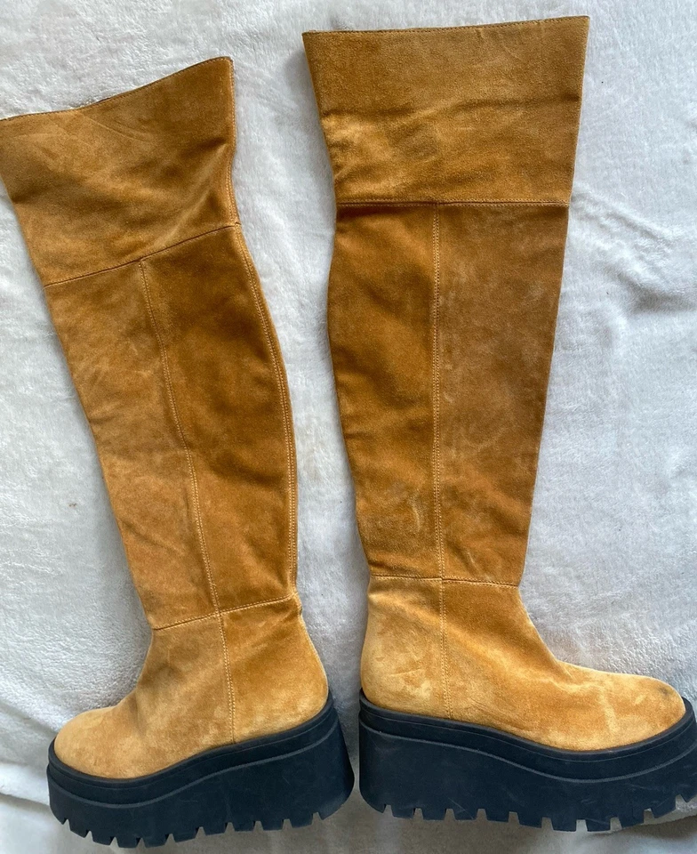 Free People London Calling Cognac Wedge Over The Knee Suede Lug Boots NWOB 8.5 - Image 3 of 4