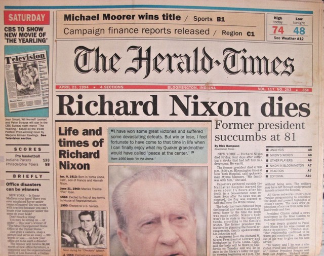 Bloomington Indiana Herald Times Newspaper 1994 Richard Nixon Dies eBay