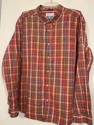 Columbia Mens Shirt Long Sleeve Red Tan Check Plaid Cotton Button Down Sz XXL