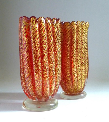 Barovier & Toso Vintage Murano Glass Red Cordanato d'Oro Vases x 2. Mid Century - Picture 5 of 8