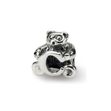 Letter C Teddy Bear Kids Bead .925 Sterling Silver Antiqued Reflection Beads