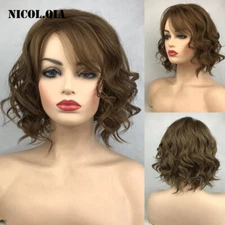 Medium Curly Wavy Brown Human Hair Blend Heat OK Wigs Women Natural Fashion Wigs