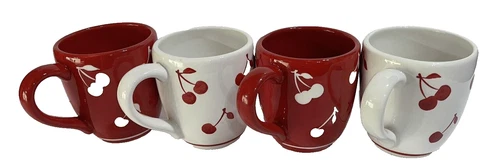 Sonoma Cherries Jubilee Coffee Mugs - Cherry 2 Red 2 White - Set Of 4 EUC