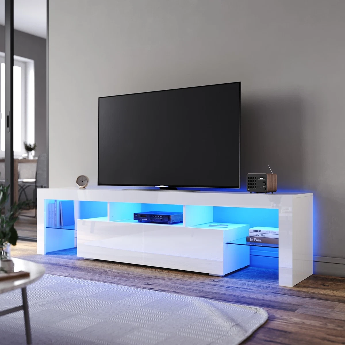 TV Cabinet Entertainment Unit RGB LED Stand Furniture White High