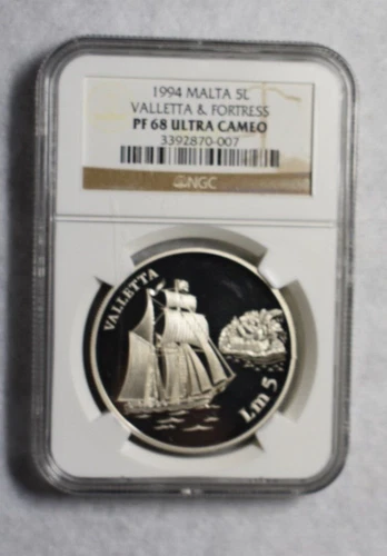 MALTA 5 LIRA 1994 NGC CERTIFIED PROOF 68 LARGE SILVER COIN ( stock# 101)