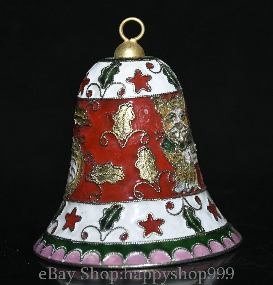 3.4" Old Chinese Cloisonne Enamel Copper christmas tree cat small bell