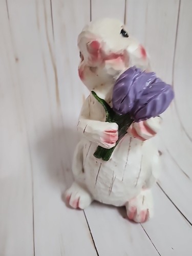 Rustic Purple Tulip Easter Pink Floppy Eared Bunny Rabbit Wood Carved Look - Picture 2 of 6
