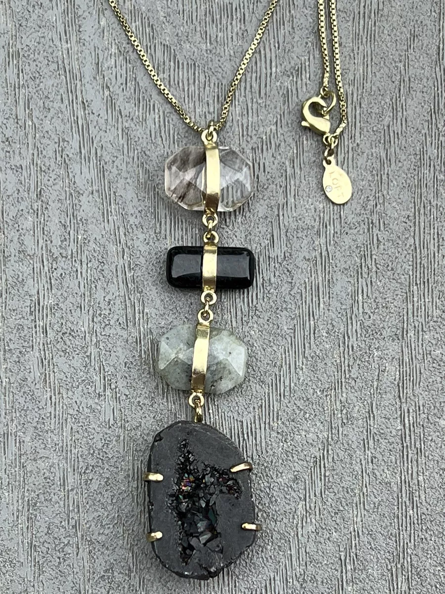 LOFT Gold Tone Box Chain Necklace Black Drusy Gray Gemstone Long