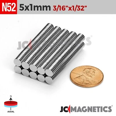 5mm x 1mm N52 Strong Rare Earth Neodymium Small Magnet Discs 5x1mm - Image 1 of 2