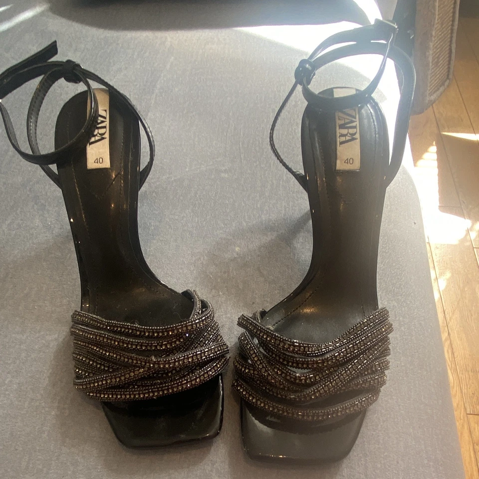 ZARA Women’s Black Beaded Ankle Strap Stiletto Open Toe Heels EU40 UK7 - Image 1 of 1