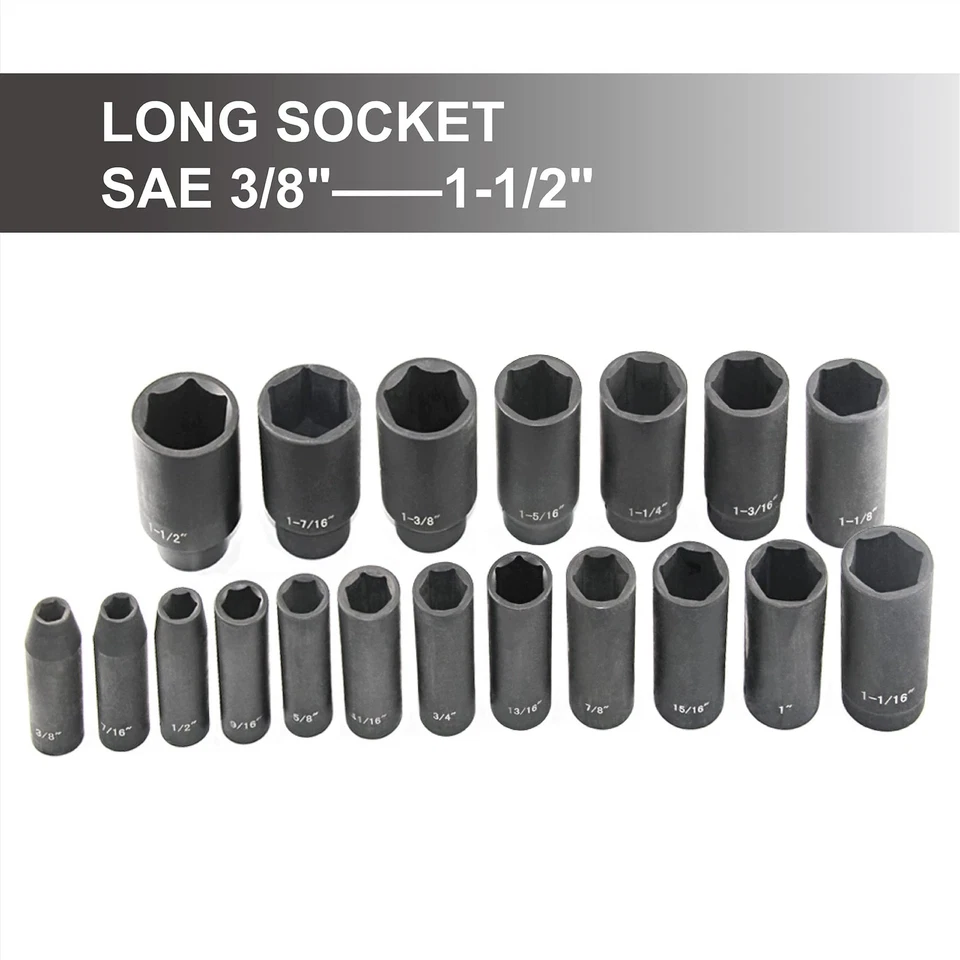 19pcs 1/2" Impact Socket Set, 6-Point Deep Socket, Cr-V Steel, 3/8 inch - 1-1... - Image 3 of 4