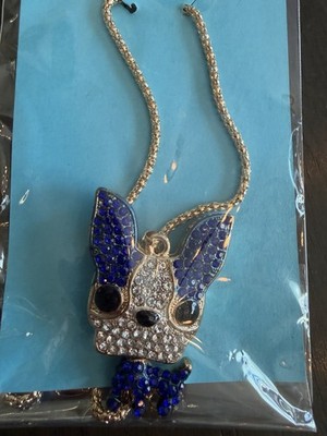Betsy Johnson Bulldog, Blue And White Crystal Pendant Necklace With Moving Head