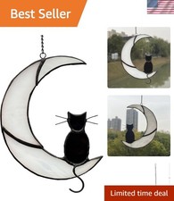 Black Cat Decor On White Moon Stained Glass Window Hanging Suncatcher for Win...