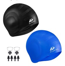2 Pack Unisex Swim Caps with 3D Ear Protection, Durable Flexible Silicone...