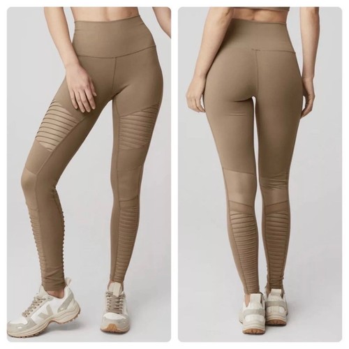Alo Yoga High-Waist Moto Leggings In Gravel Brown Tan Ribbed Mesh Size Small
