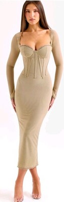 Olive Green Sweetheart Corset Bodycon Midi Dress S Long Sleeve Side Slit Stretch