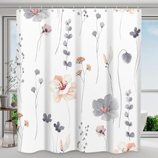Waterproof Shower Curtain Set with Hooks - Watercolor Grey Floral Plant Showe...