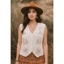 Vintage Womens White Crochet Knit Cottagecore Boho Floral Embroidered Vest Large