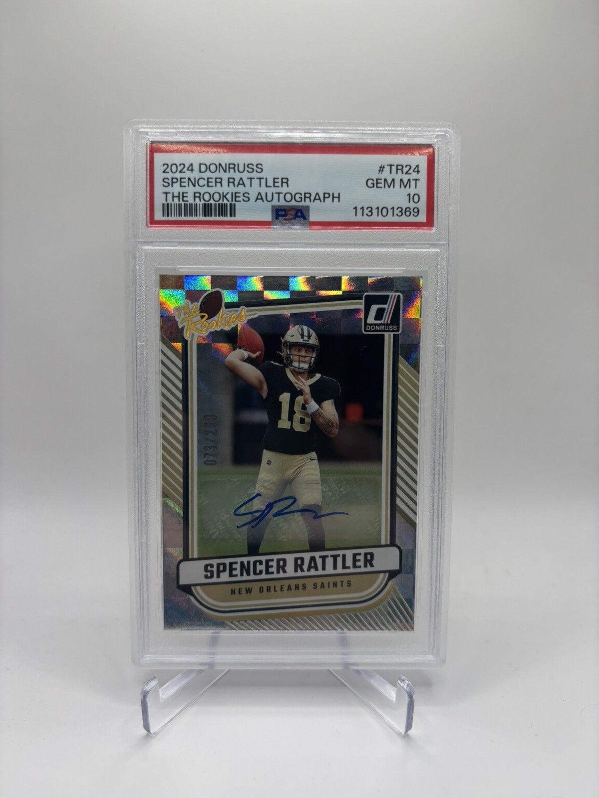 2024 Donruss Spencer Rattler The Rookies Auto /299 PSA 10 Saints