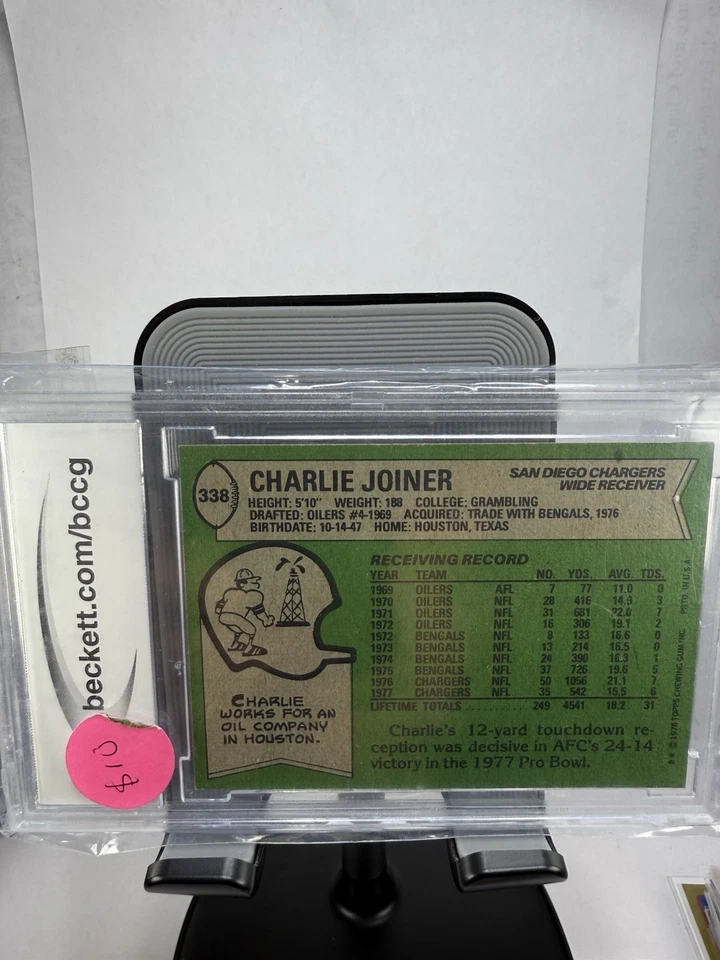Charlie Joiner Chargers 1978 Topps #338 Graded BCCG 9 Vintage HOF - Image 2 of 2