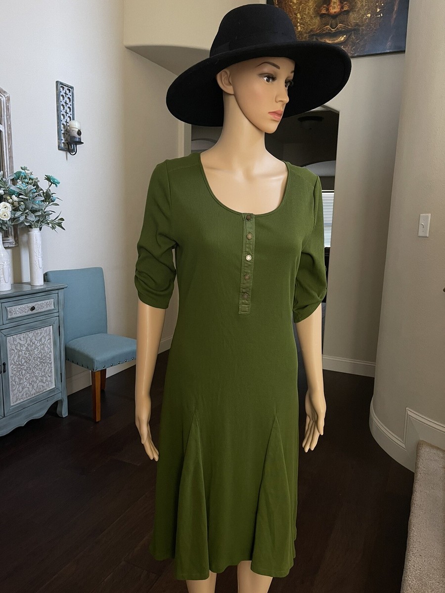 Ralph Lauren Women's Dress Green Button Fit Flare Roll Tab Sleeve Size Lp