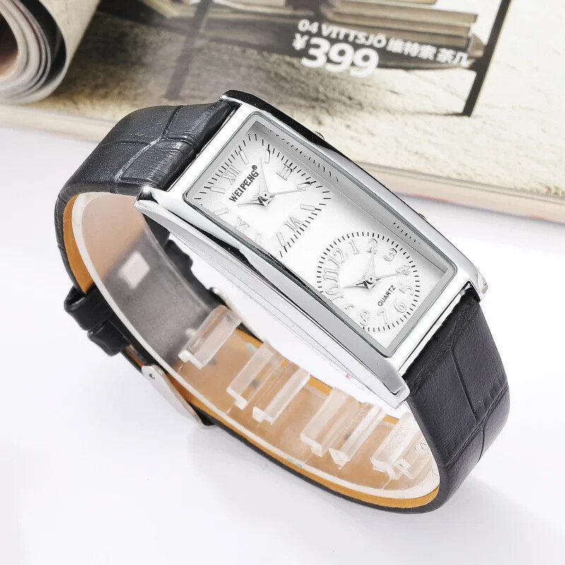 Dual Time Zone Men's Women's Quartz Rectangle Wrist Watch Black PU