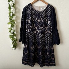 EUC $188 Size 14 Eliza J Navy Blue Bell Sleeve Lace Fit & Flare Mini Dress L