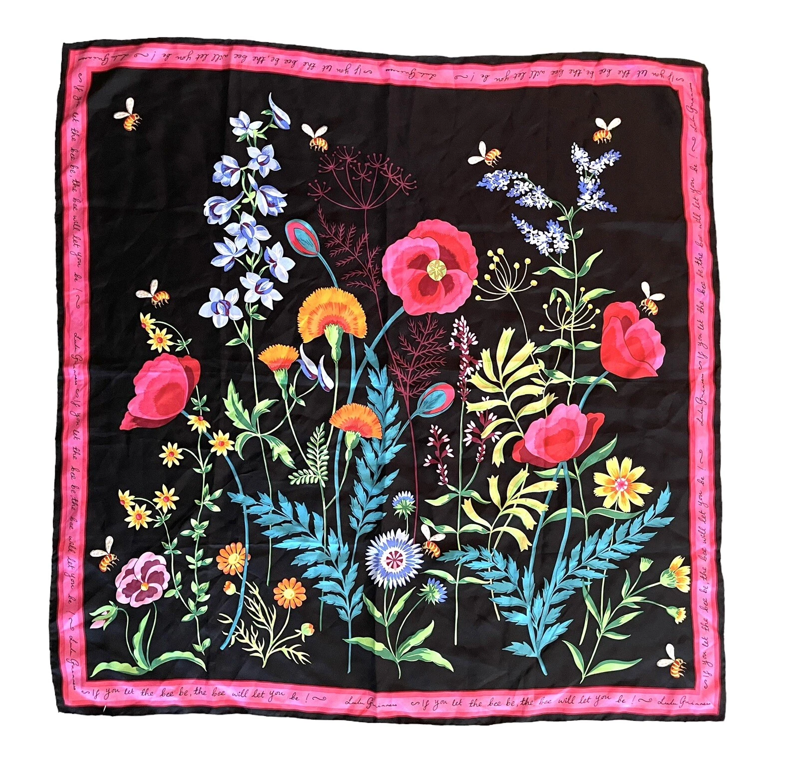 VTG LULU GUINNESS Pure Silk Bumble Bee Floral 35x35 Sequin Embroidered Scarf