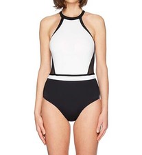 Jantzen Women High Neck H-Back One Piece Swimsuit Black  White Size 6