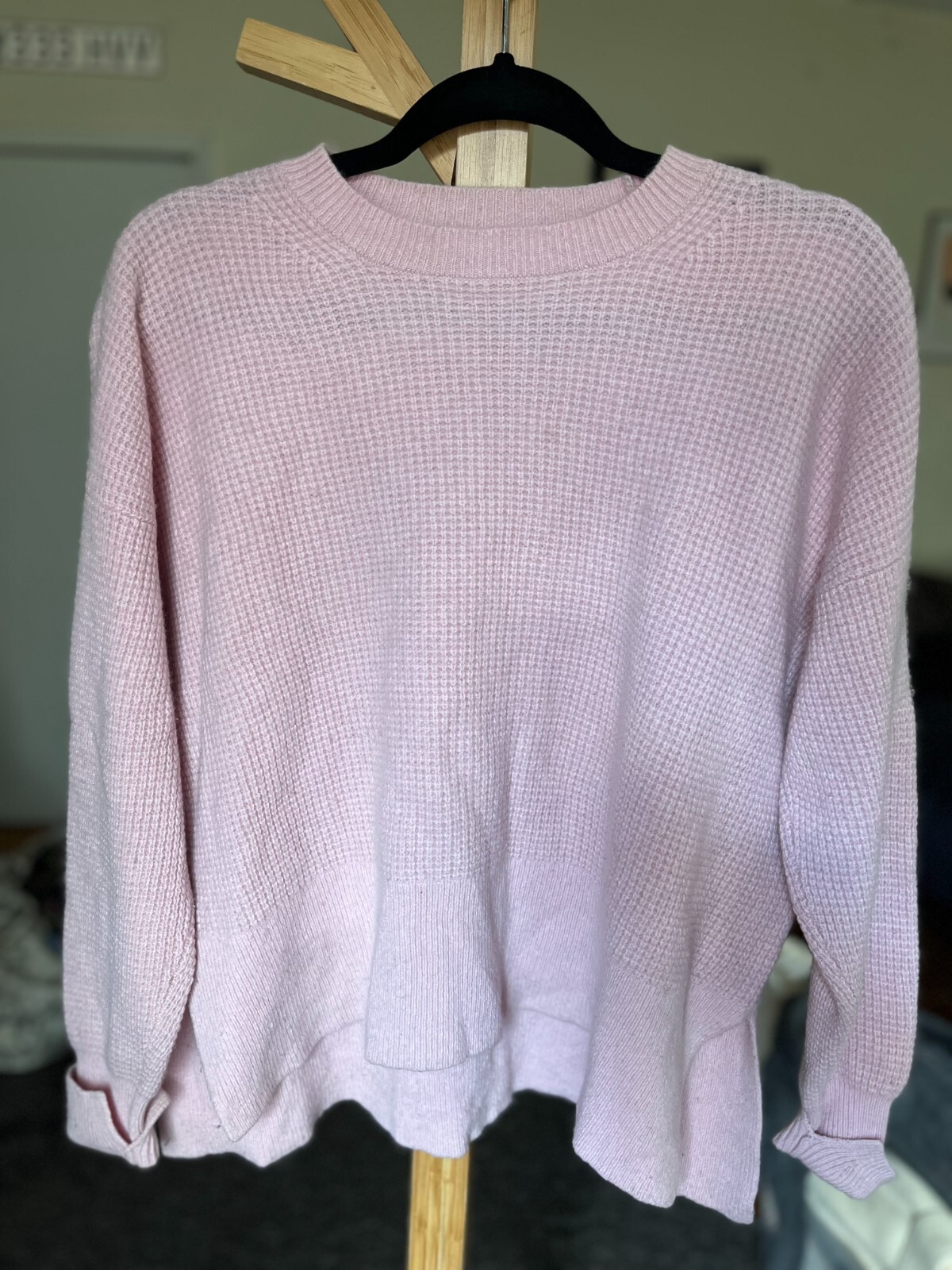 Everlane Pink Cashmere Waffle Texture Long Sleeve Square Crew