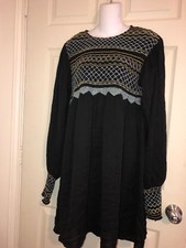 Free People Boho Poet Sleeve Embroidered Dress Babydoll Black Large $128.00