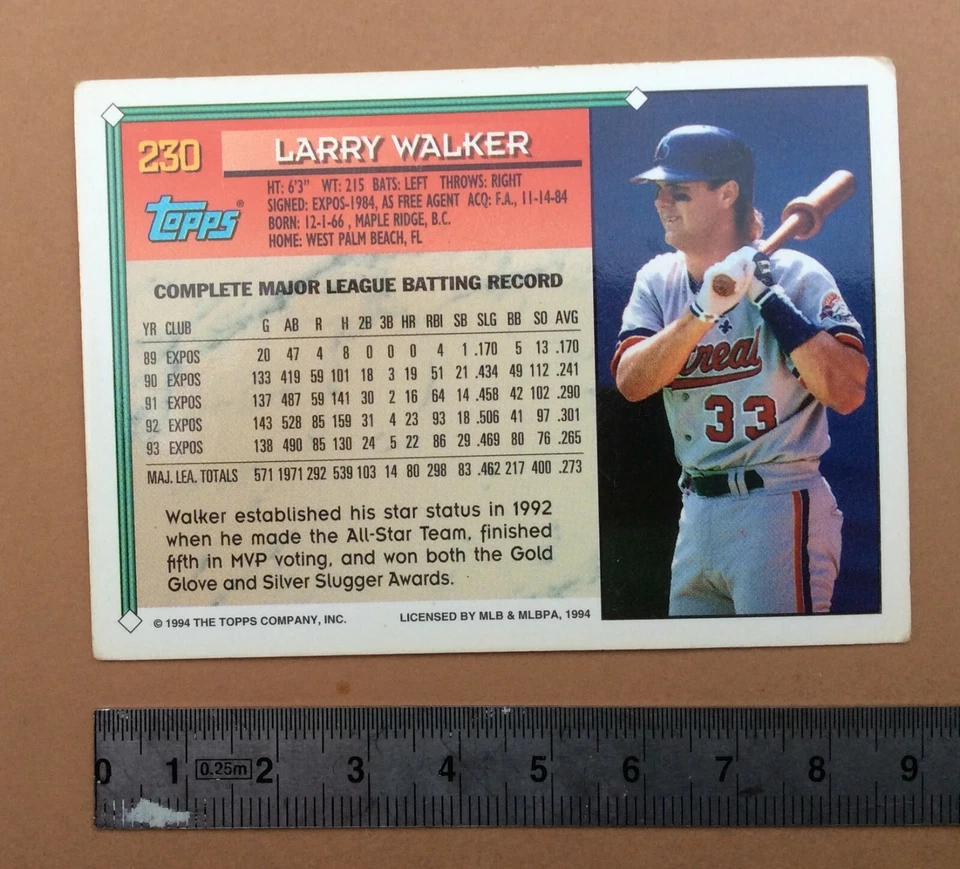1994 TOPPS Carte BASEBALL n° 230 LARRY WALKER EXPOS Trading Card - Photo 2/2