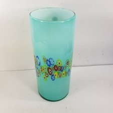 Murano Glass Vase Blue Green Teal Cylindrical Murrina Millefiori. 11 1/4" Height