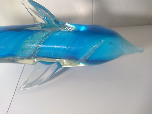 Large Art Glass Blue Swirl Dolphin Sculpture Figurine 11" Long - Picture 6 of 11