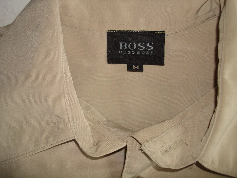 NWT HUGO BOSS SOLID BEIGE EMBROIDERED MICRO POLY  L/S BUTTON FT. SHIRT SZ. M - Image 3 of 4