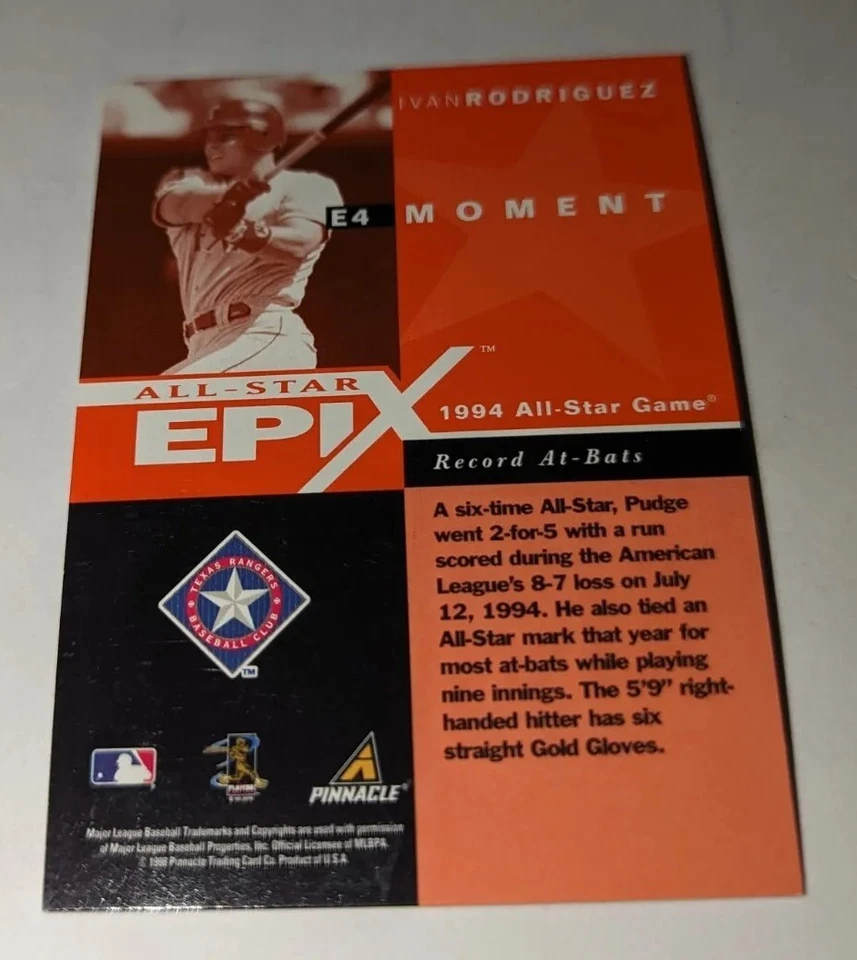1998 Pinnacle Plus All-Star Epix Moment Orange Ivan Rodriguez E4 HOF Insert Card - Image 3 of 3