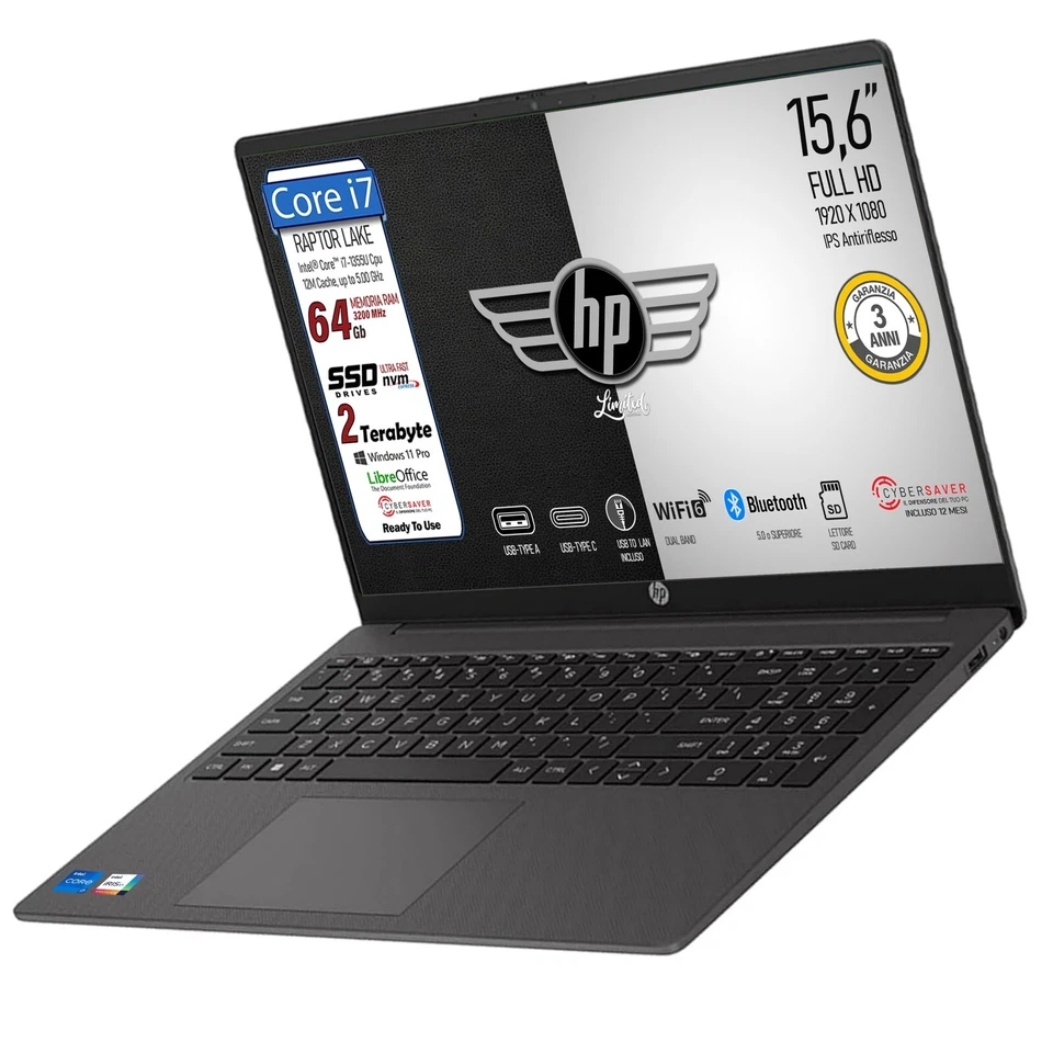 HP 250 G10 Intel i7 1355U SSD 2TB RAM 64GB 15,6" FullHD Win11 | Garanzia 36 Mesi