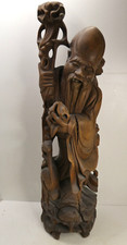LARGE CHINESE CARVED TIMBER IMMORTAL MAN FIGURINE STATUE LAMP BASE