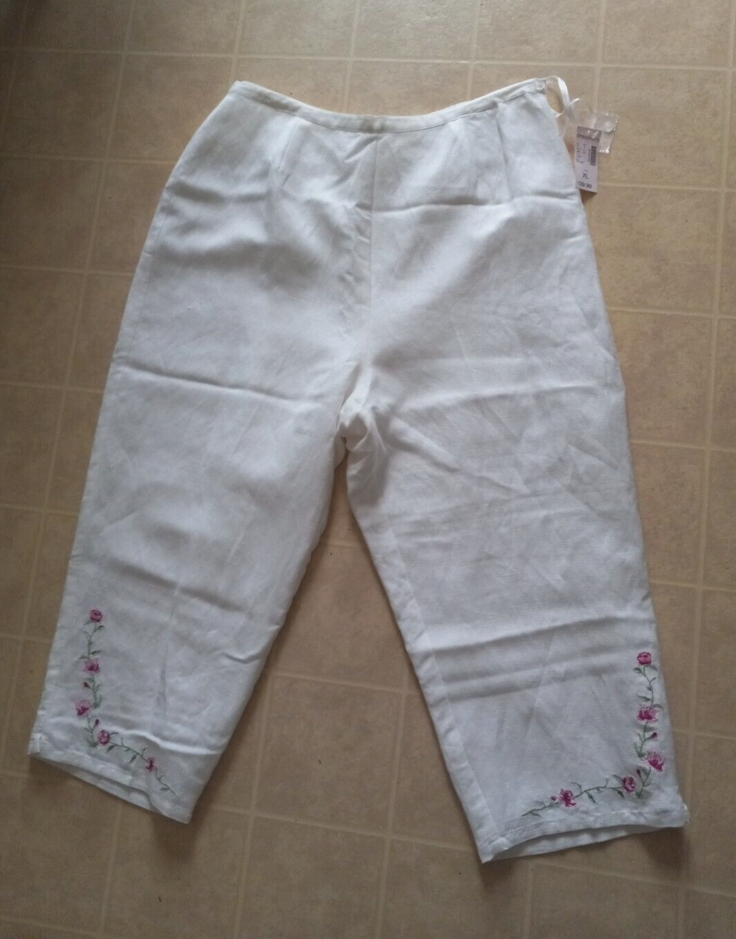 Dressbarn Ivory Cropped Dress Pants Linen Blend Floral Embroidery Women's XL NEW