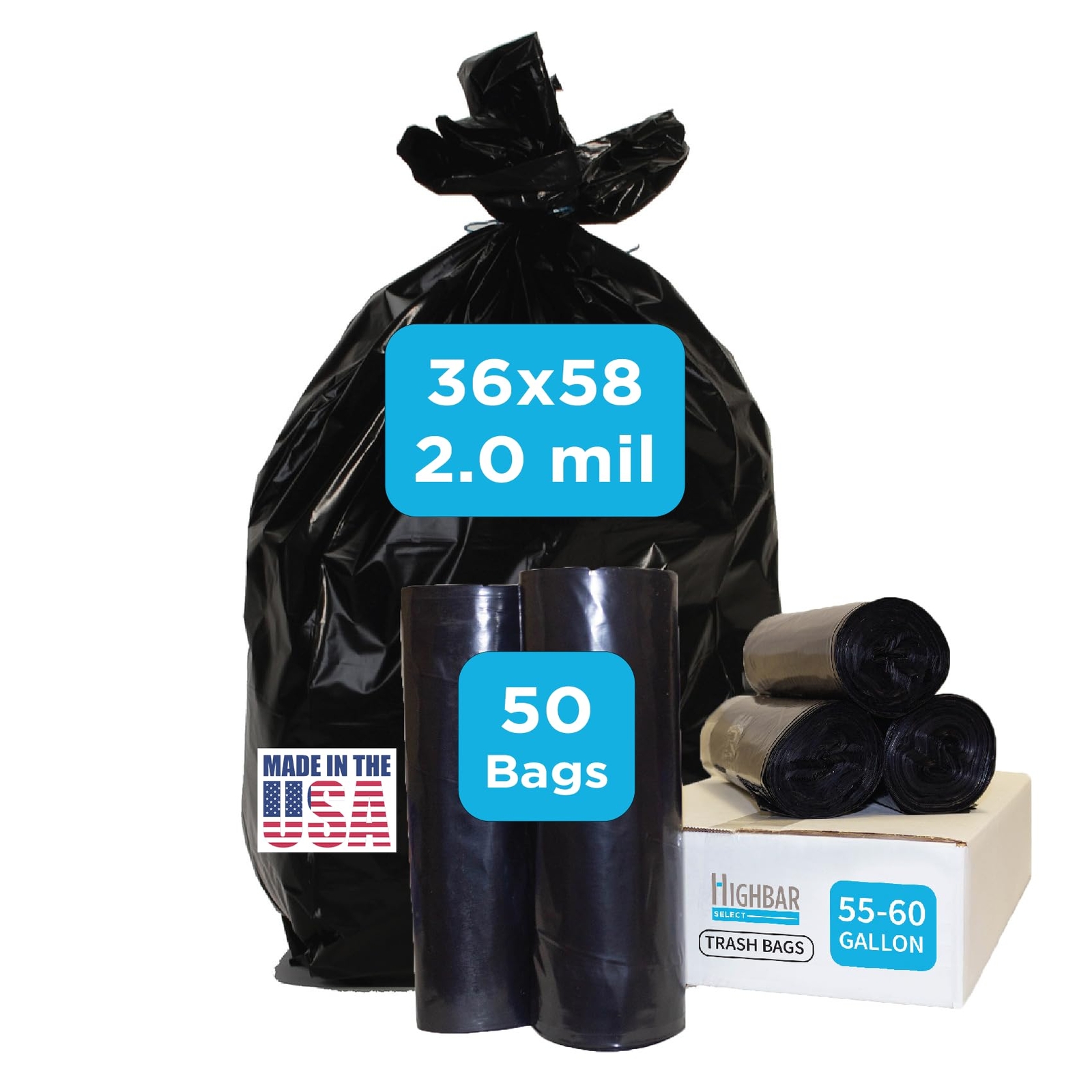 Industrial Grade 50 Count Black Trash Bags, 55-60 Gallon, 2.0 Mil, 36 x 58, E...