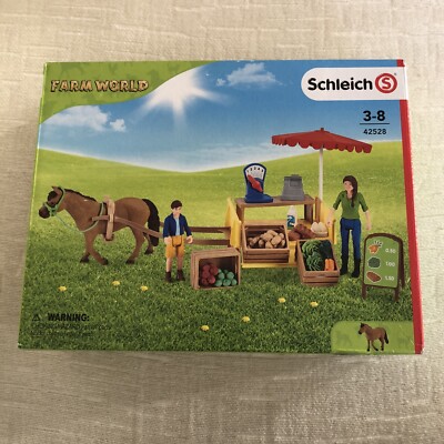SCHLEICH Farm World #42528 NIB Woman Boy Horse Produce Cart Set
