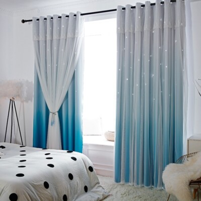 1PC Double Layer Blackout Curtain Gradient Star Cutout Sheer Panels Eyelet Ring