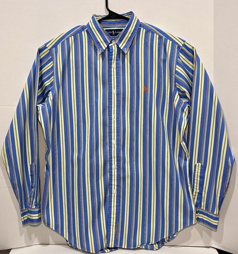 Vintage Ralph Lauren Classic Fit Yellow Blue Striped Mens Button Up Shirt L