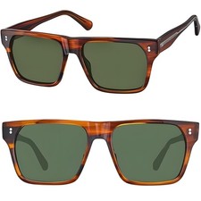 Modern Flat Top Square Sunglasses Brown Stripe Frame Green Polarized Lenses
