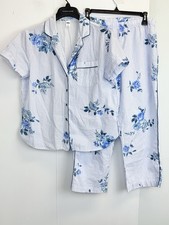 Old Navy Womens S Pajama Set Blue White Floral Striped Cotton Button Up